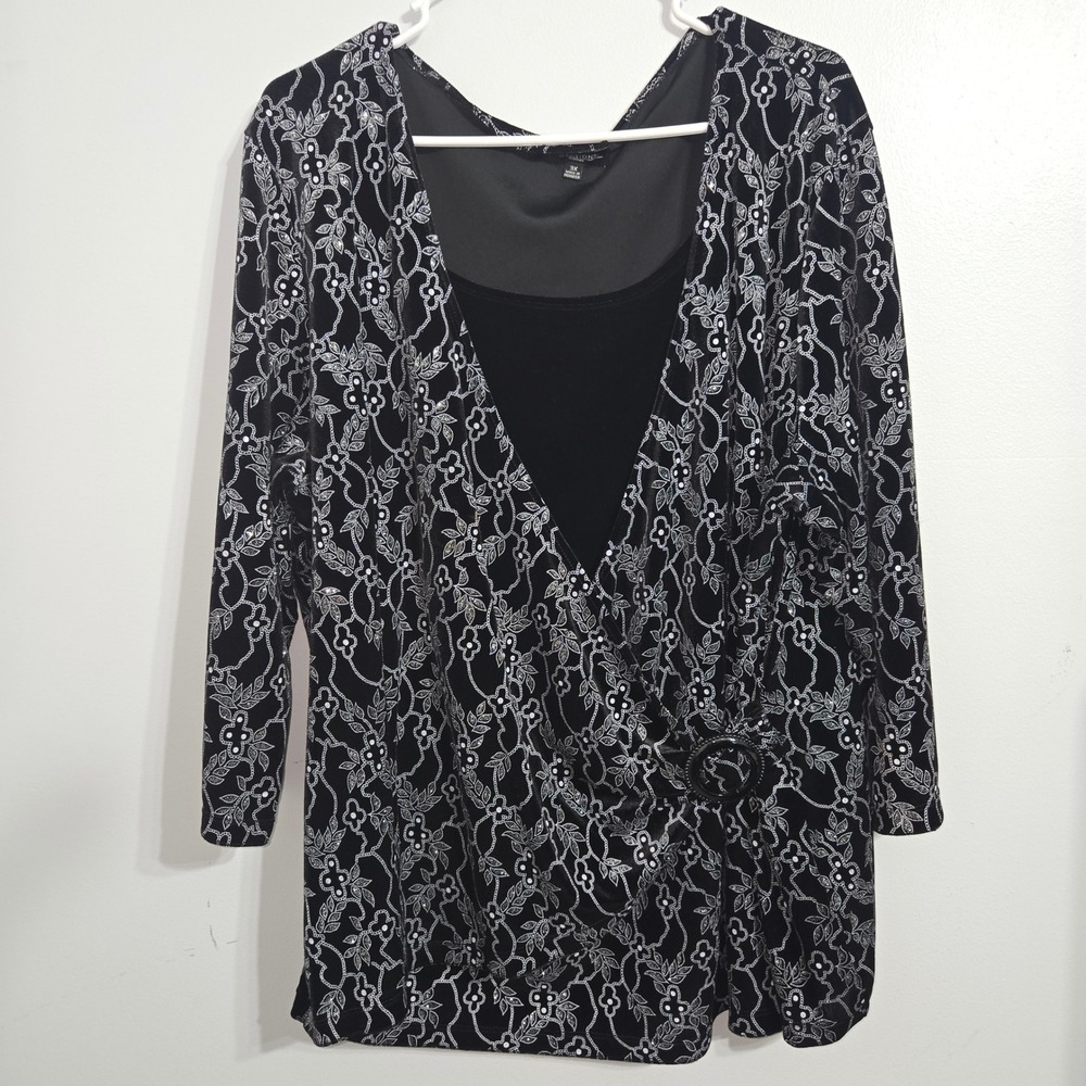 B#70 Notations Black‎ Floral Velvet Burnout 3X Faux Wrap Top Rhinestone Buckle